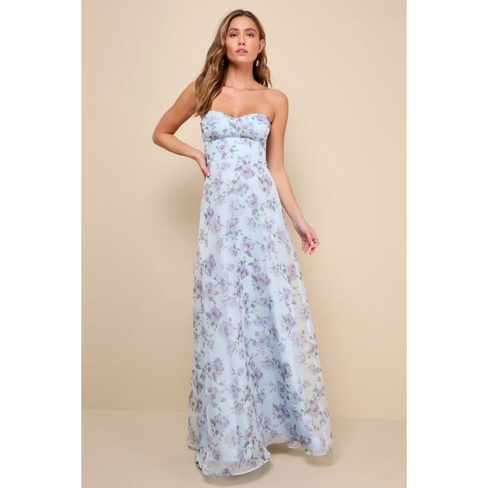 Lulus Chic Preciousness Light Blue Floral Organza Bustier Maxi Dress - Size M